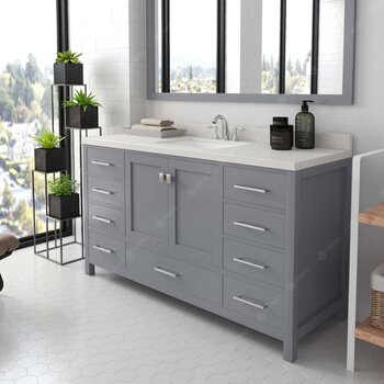 Virtu USA Caroline 60" Single Bath Vanity in Gray with Dazzle White Quartz Top, Square Sink and Brushed Nickel Faucet with Matching Mirror, 60" W x 22" D x 35" H