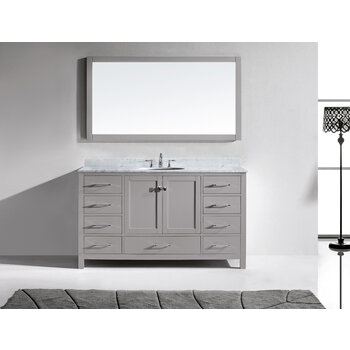 Virtu USA Caroline 60" Single Bath Vanity in Cashmere Gray with Italian Carrara White Marble Top, Round Sink and Brushed Nickel Faucet with Matching Mirror, 60" W x 22" D x 35" H