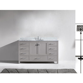 Virtu USA Caroline 60" Single Bath Vanity in Cashmere Gray with Italian Carrara White Marble Top and Round Sink, 60" W x 22" D x 35" H