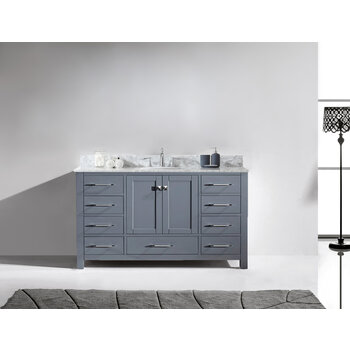 Virtu USA Caroline 60" Single Bath Vanity in Gray with Italian Carrara White Marble Top and Round Sink, 60" W x 22" D x 35" H