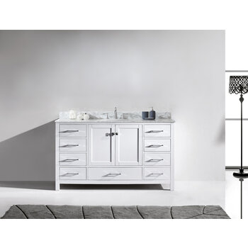 Virtu USA Caroline 60" Single Bath Vanity in White with Italian Carrara White Marble Top and Round Sink, 60" W x 22" D x 35" H