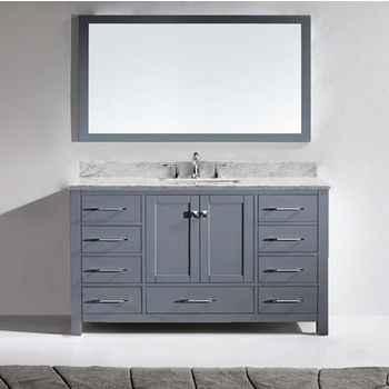 Virtu USA Caroline Avenue Collection 60" Freestanding Single Bathroom Vanity Set in Grey (Set Includes: Main Cabinet, Italian Carrara White Countertop w/Backsplash, Undermount Square Sink and Wall Mirror)