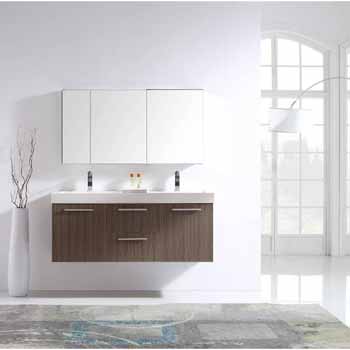 Virtu USA Midori 54'' Wall Mounted Double Bathroom Vanity Set in Grey Oak, White Polymarble Top with Integrated Square Sinks, Faucet Available in 2 Finishes