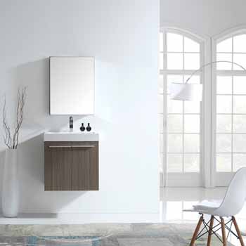 Virtu USA  Midori 24'' Wall Mounted Single Bathroom Vanity Set in Grey Oak, White Polymarble Top with Integrated Square Sink, Faucet Available in 2 Finishes