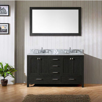 Virtu USA Caroline Premium Collection 60" Freestanding Double Bathroom Vanity Set in Zebra Grey (Set Includes: Main Cabinet, Italian Carrara White Countertop w/Backsplash, (2) Undermount Round Sinks and Wall Mirror)