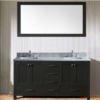 Virtu USA Caroline Premium Collection 60" Freestanding Double Bathroom Vanity Set in Zebra Grey (Set Includes: Main Cabinet, Italian Carrara White Countertop w/Backsplash, (2) Undermount Square Sinks and Wall Mirror)