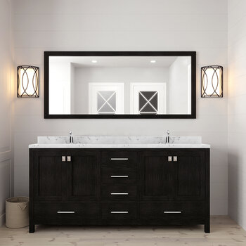 Virtu USA Caroline Premium 72" Double Bathroom Vanity Set in Zebra Grey, Cultured Marble Quartz Top with Round Sinks, Mirror Included