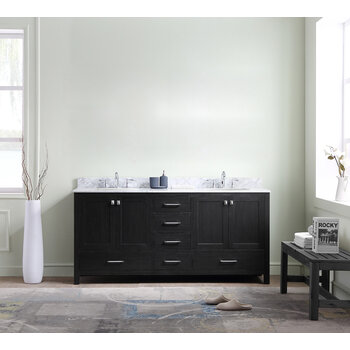 Virtu USA Caroline Premium 72'' Double Bathroom Vanity Set in Zebra Grey, Italian Carrara White Marble Top with Round Sinks, No Mirror 