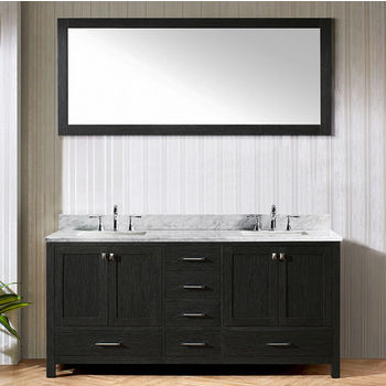 Virtu USA Caroline Premium Collection 72" Freestanding Double Bathroom Vanity Set in Zebra Grey (Set Includes: Main Cabinet, Italian Carrara White Countertop w/Backsplash, (2) Undermount Square Sinks and Wall Mirror)