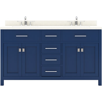Virtu USA Caroline 60" Double Bathroom Vanity Set in French Blue, Dazzle White Quartz Top with Round Sinks