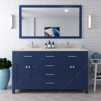 Virtu USA Caroline 60" Double Bathroom Vanity Set in French Blue, Dazzle White Quartz Top with Square Sinks, Brushed Nickel Faucets, Mirror Included