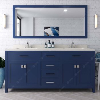 French Blue, Dazzle White Quartz Top with Round Sinks, Polished Chrome Faucets, Mirror Included