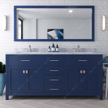 French Blue, Italian Carrara White Marble Top with Round Sinks, Brushed Nickel Faucets, Mirror Included