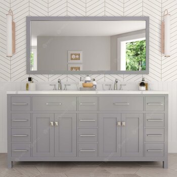 Virtu USA Caroline Parkway 72" Double Bathroom Vanity in Gray with Calacatta Quartz Top and (2x) Round Sinks with Matching Mirror, 72" W x 22" D x 35" H