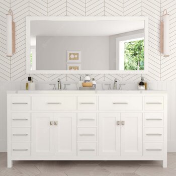 Virtu USA Caroline Parkway 72" Double Bathroom Vanity in White with Calacatta Quartz Top and (2x) Square Sinks with (2x) Polished Chrome Faucets with Matching Mirror, 72" W x 22" D x 35" H