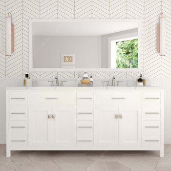 Virtu USA Caroline Parkway 72" Double Bathroom Vanity in White with Calacatta Quartz Top and (2x) Round Sinks with (2x) Polished Chrome Faucets with Matching Mirror, 72" W x 22" D x 35" H