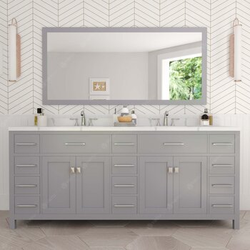 Virtu USA Caroline Parkway 72" Double Bathroom Vanity in Gray with Calacatta Quartz Top and (2x) Square Sinks with (2x) Polished Chrome Faucets with Matching Mirror, 72" W x 22" D x 35" H