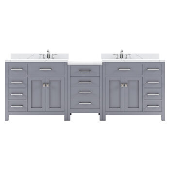 Virtu USA Caroline Parkway 93" Double Bathroom Vanity Set with 2 Main Cabinets & Middle Cabinet in Grey, Calacatta Quartz Top Top with Round Sinks