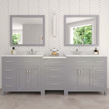 Virtu USA Caroline Parkway 93" Double Bathroom Vanity Set with 2 Main Cabinets & Middle Cabinet in Grey, Calacatta Quartz Top with Round Sinks, Polished Chrome Faucets, Mirror Included