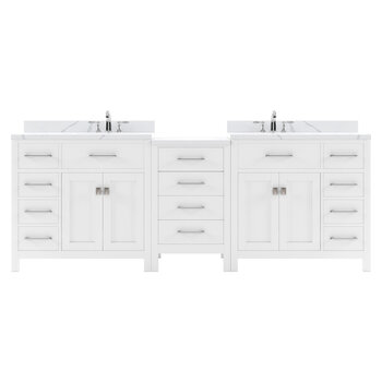 Virtu USA Caroline Parkway 93" Double Bathroom Vanity Set with 2 Main Cabinets & Middle Cabinet in White, Calacatta Quartz Top Top with Square Sinks
