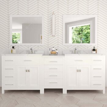 Virtu USA Caroline Parkway 93" Double Bathroom Vanity Set with 2 Main Cabinets & Middle Cabinet in White, Calacatta Quartz Top with Square Sinks, Available with Optional Faucets, Mirror Included