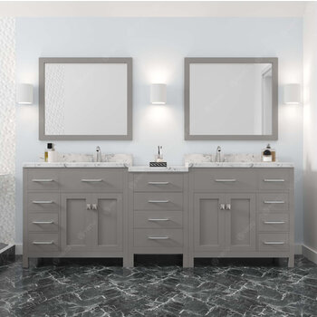 Cashmere Gray, Cultured Marble Quartz Top, (2x) Round Sinks and (2x) Brushed Nickel Faucets, Matching Mirror
