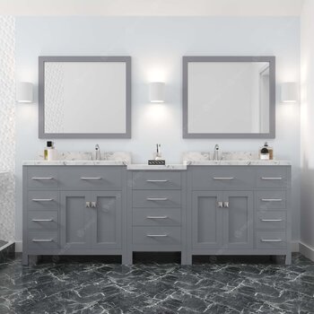 Gray, Cultured Marble Quartz Top, (2x) Round Sinks and (2x) Brushed Nickel Faucets, Matching Mirror