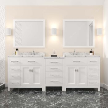 White, Cultured Marble Quartz Top, (2x) Round Sinks and (2x) Brushed Nickel Faucets, Matching Mirror