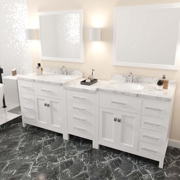 White, Cultured Marble Quartz Top, (2x) Round Sinks, (2x) Polished Chrome Faucets, Matching Mirror
