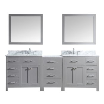 Virtu USA Caroline Parkway 93" Double Bath Vanity Set in Cashmere Grey w/ Italian Carrara White Marble Countertop, Round Sinks, Polished Chrome Faucets and Mirrors, Base Cabinet: 92" W x 22-1/16" D x 34-11/16" H