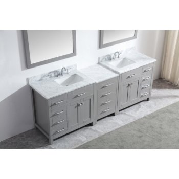 Virtu USA Caroline Parkway 93" Double Bath Vanity Set in Cashmere Grey w/ Italian Carrara White Marble Countertop, Square Sink and Polished Chrome Faucets and Mirrors, Base Cabinet: 92" W x 22-1/16" D x 34-11/16" H
