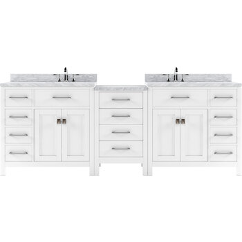 Virtu USA Caroline Parkway 78" Double Bathroom Vanity Set with 2 Main Cabinets & Middle Cabinet in White, Italian Carrara White Marble Top with Square Sinks