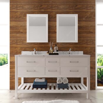 Virtu USA Caroline Estate 60" Double Bathroom Vanity Set in White, Calacatta Quartz Top with Round Sinks, Polished Chrome Faucets, Double Mirrors Included