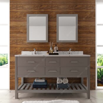 Virtu USA Caroline Estate 60" Double Bathroom Vanity Set in Grey, Calacatta Quartz Top with Square Sinks, Polished Chrome Faucets, Double Mirrors Included