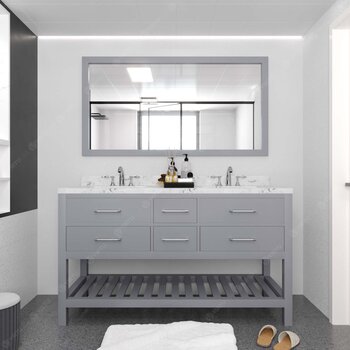 Virtu USA Caroline Estate 60" Double Bathroom Vanity Set in Grey, Cultured Marble Quartz Top with Round Sinks, Brushed Nickel Faucets, Single Mirror Included