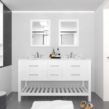 Virtu USA Caroline Estate 60" Double Bathroom Vanity Set in White, Cultured Marble Quartz Top with Round Sinks, Double Mirrors Included