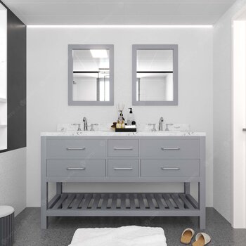 Virtu USA Caroline Estate 60" Double Bathroom Vanity Set in Grey, Cultured Marble Quartz Top with Square Sinks, Brushed Nickel Faucets, Double Mirrors Included
