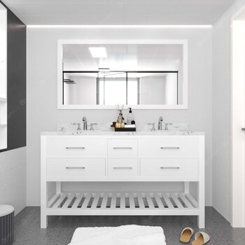 Virtu USA Caroline Estate 60" Double Bathroom Vanity Set in White, Cultured Marble Quartz Top with Square Sinks, Polished Chrome Faucets, Single Mirror Included