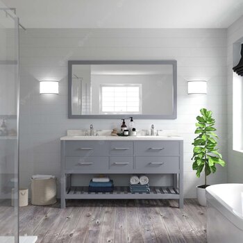 Virtu USA Caroline Estate 60" Double Bathroom Vanity Set in Grey, Dazzle White Quartz Top with Square Sinks, Single Mirror Included