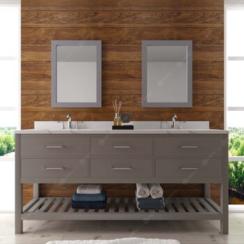 Virtu USA Caroline Estate 72" Double Bathroom Vanity Set in Grey, Calacatta Quartz Top with Round Sinks, Brushed Nickel Faucets, Double Mirrors Included