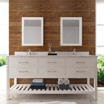 Virtu USA Caroline Estate 72" Double Bathroom Vanity Set in White, Calacatta Quartz Top with Square Sinks, Brushed Nickel Faucets, Double Mirrors Included