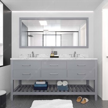 Virtu USA Caroline Estate 72" Double Bathroom Vanity Set in Grey, Cultured Marble Quartz Top with Round Sinks, Brushed Nickel Faucets, Single Mirror Included