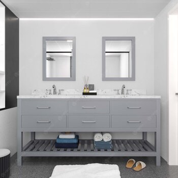 Virtu USA Caroline Estate 72" Double Bathroom Vanity Set in Grey, Cultured Marble Quartz Top with Round Sinks, Brushed Nickel Faucets, Double Mirrors Included