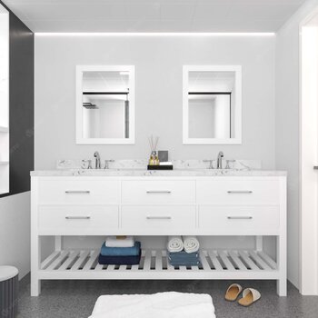 Virtu USA Caroline Estate 72" Double Bathroom Vanity Set in White, Cultured Marble Quartz Top with Round Sinks, Polished Chrome Faucets, Double Mirrors Included
