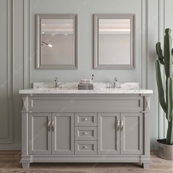 Virtu USA Victoria 60" Double Bathroom Vanity Set in Grey, Cultured Marble Quartz Top with Round Sinks, Polished Chrome Faucets, (2) Mirrors Included