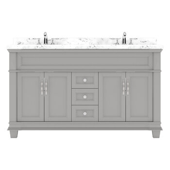 Virtu USA Victoria 60" Double Bathroom Vanity Set in Grey, Cultured Marble Quartz Top with Square Sinks