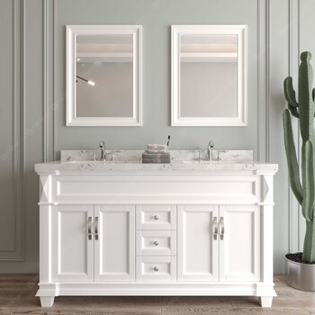 Virtu USA Victoria 60" Double Bathroom Vanity Set in White, Cultured Marble Quartz Top with Square Sinks, Brushed Nickel Faucets, (2) Mirrors Included