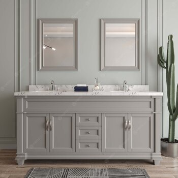 Virtu USA Victoria 72" Double Bathroom Vanity Set in Grey, Cultured Marble Quartz Top with Round Sinks, (2) Mirrors Included
