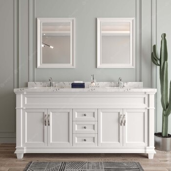 Virtu USA Victoria 72" Double Bathroom Vanity Set in White, Cultured Marble Quartz Top with Round Sinks, (2) Mirrors Included