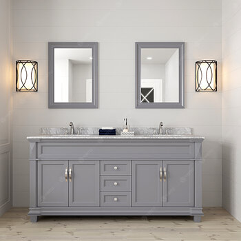 Virtu USA Victoria 72" Double Bathroom Vanity Set in Grey, Italian Carrara White Marble Top with Square Sinks, Polished Chrome Faucets, (2) Mirrors Included